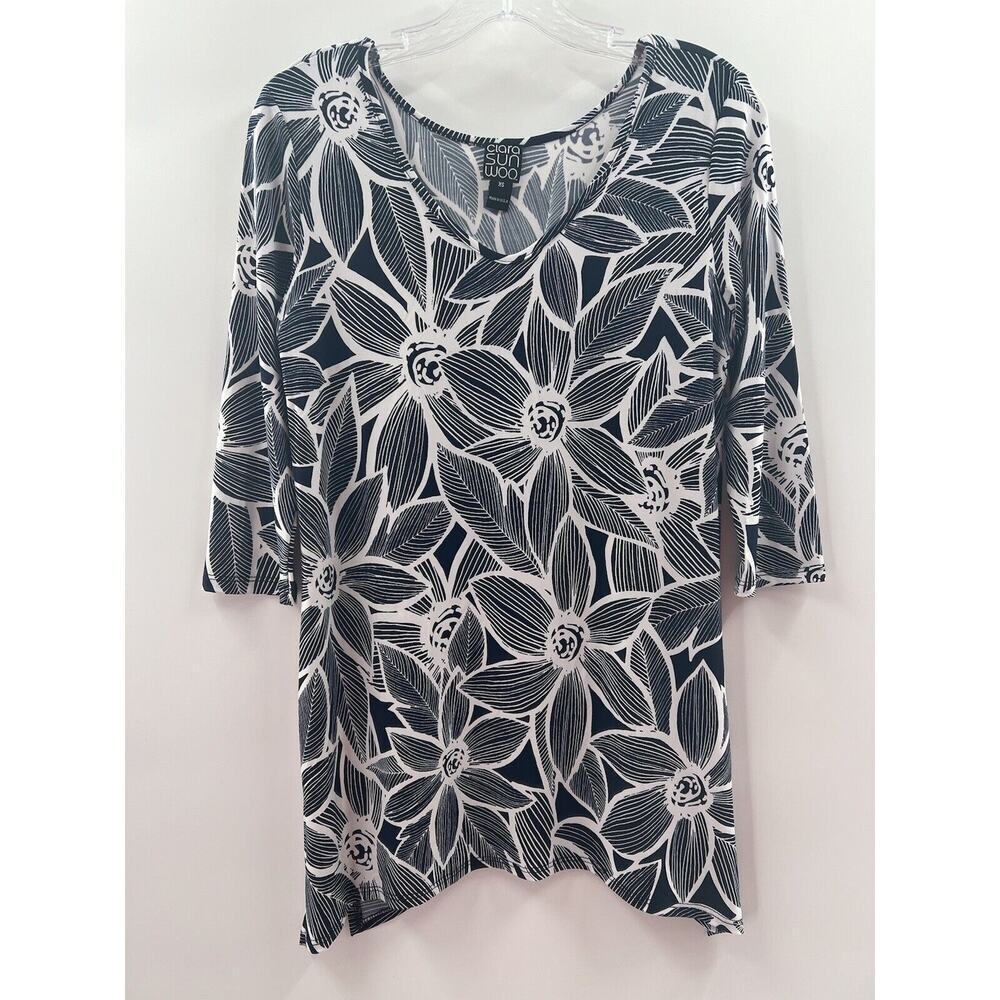 Clara Sun Woo Women’s 3/4 Sleeve Knit Floral Top Tunic Navy White Size XS